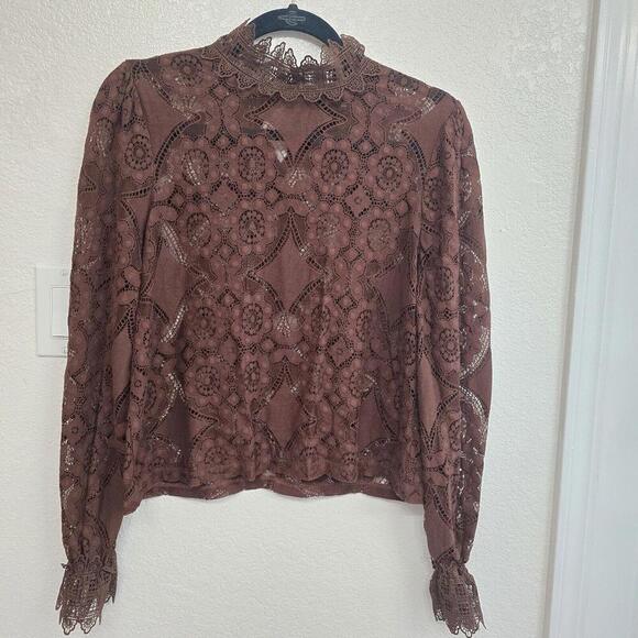 Tops - Broadway 38 Women's Medium Brown Eyelet Lace Puff Sleeve Cropped Cottagecore